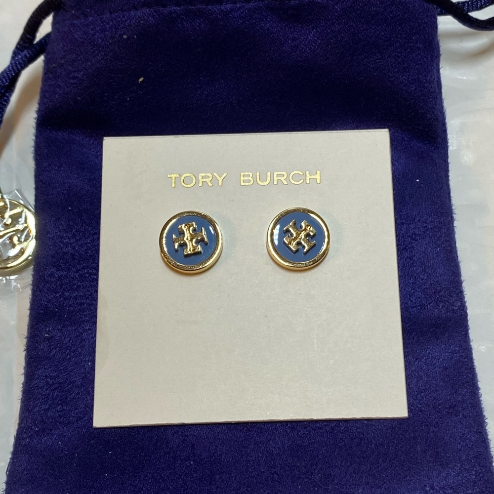 NWT! Tory Burch Logo Stud Earrings Gold Blue